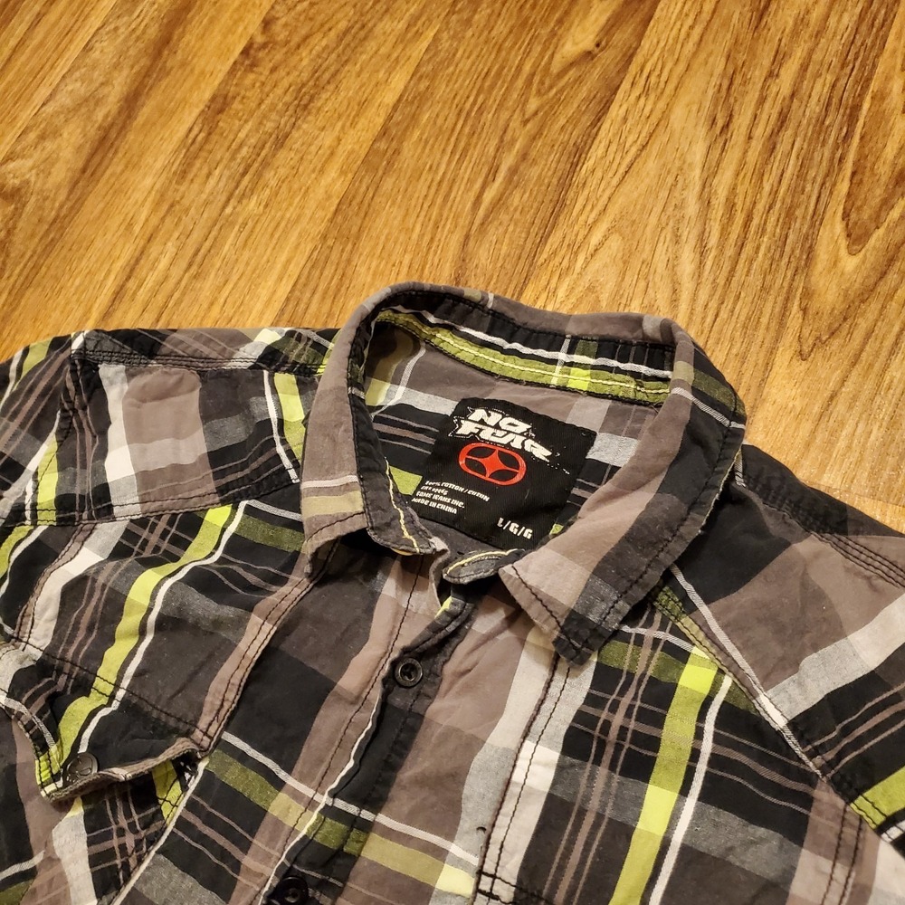 Vintage No Fear Shirt Men Large Gray Green Plaid‎ Long Sleeve Button Up Skater